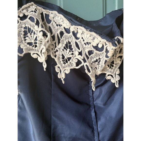 VTG'80 ILGWU Prom Formal Navy Blue Satin Lace Dress /Puffs Sleeves /Bows Size 40 - Picture 10 of 16